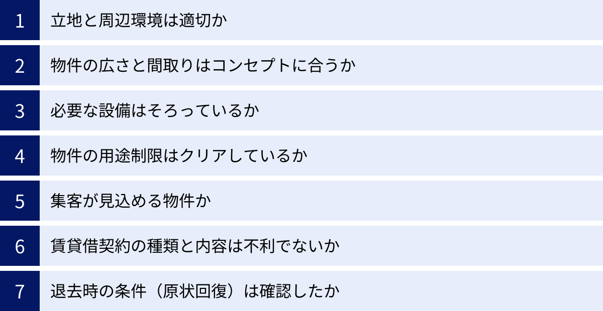 立地と周辺環境は適切か、物件の広さと間取りはコンセプトに合うか、必要な設備はそろっているか、物件の用途制限はクリアしているか、集客が見込める物件か、賃貸借契約の種類と内容は不利でないか、退去時の条件（原状回復）は確認したか