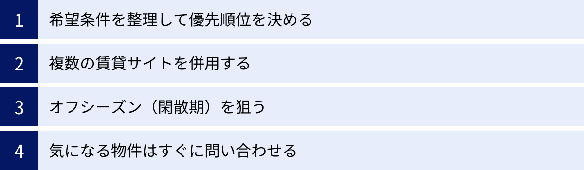 希望条件を整理して優先順位を決める、複数の賃貸サイトを併用する、オフシーズン（閑散期）を狙う、気になる物件はすぐに問い合わせる