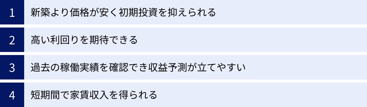 新築より価格が安く初期投資を抑えられる、高い利回りを期待できる、過去の稼働実績を確認でき収益予測が立てやすい、短期間で家賃収入を得られる