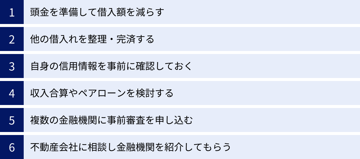 頭金を準備して借入額を減らす、他の借入れを整理・完済する、自身の信用情報を事前に確認しておく、収入合算やペアローンを検討する、複数の金融機関に事前審査を申し込む、不動産会社に相談し金融機関を紹介してもらう
