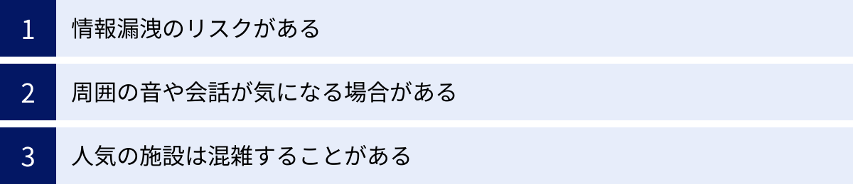 情報漏洩のリスクがある、周囲の音や会話が気になる場合がある、人気の施設は混雑することがある