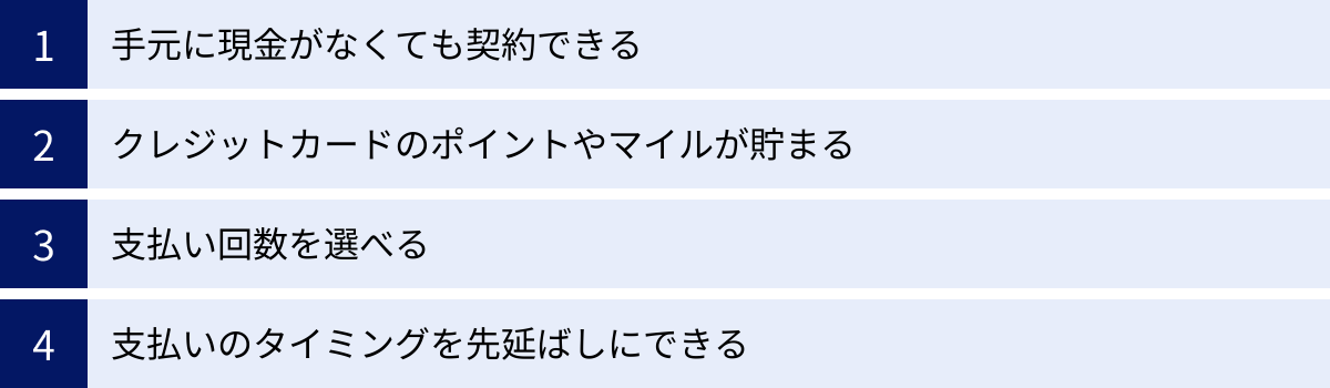 手元に現金がなくても契約できる、クレジットカードのポイントやマイルが貯まる、支払い回数を選べる、支払いのタイミングを先延ばしにできる