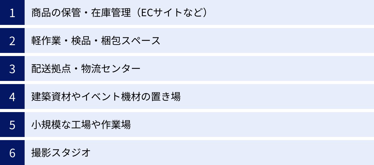 商品の保管・在庫管理（ECサイトなど）、軽作業・検品・梱包スペース、配送拠点・物流センター、建築資材やイベント機材の置き場、小規模な工場や作業場、撮影スタジオ