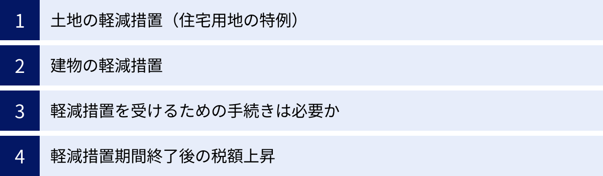土地の軽減措置（住宅用地の特例）、建物の軽減措置、軽減措置を受けるための手続きは必要か、軽減措置期間終了後の税額上昇