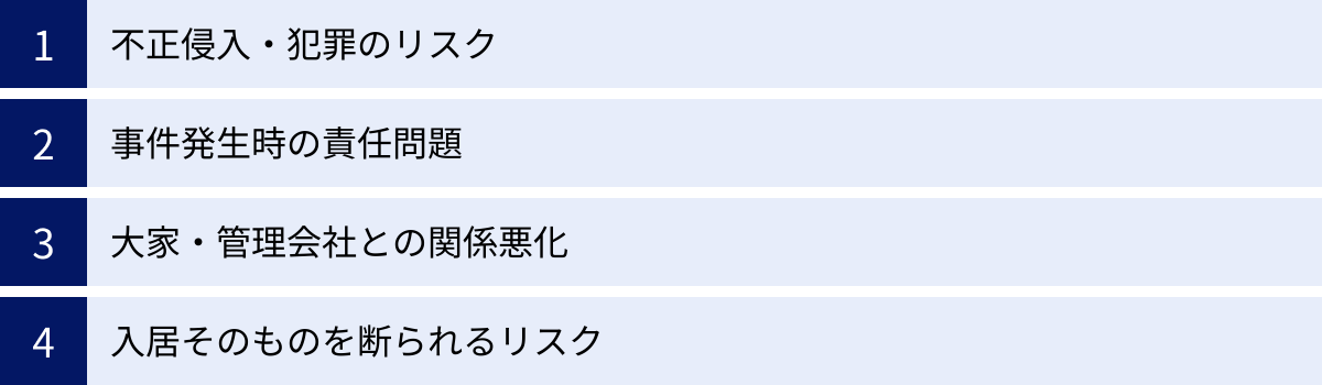 不正侵入・犯罪のリスク、事件発生時の責任問題、大家・管理会社との関係悪化、入居そのものを断られるリスク