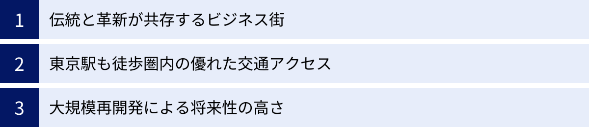伝統と革新が共存するビジネス街、東京駅も徒歩圏内の優れた交通アクセス、大規模再開発による将来性の高さ