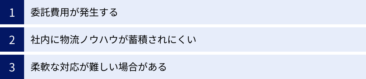委託費用が発生する、社内に物流ノウハウが蓄積されにくい、柔軟な対応が難しい場合がある