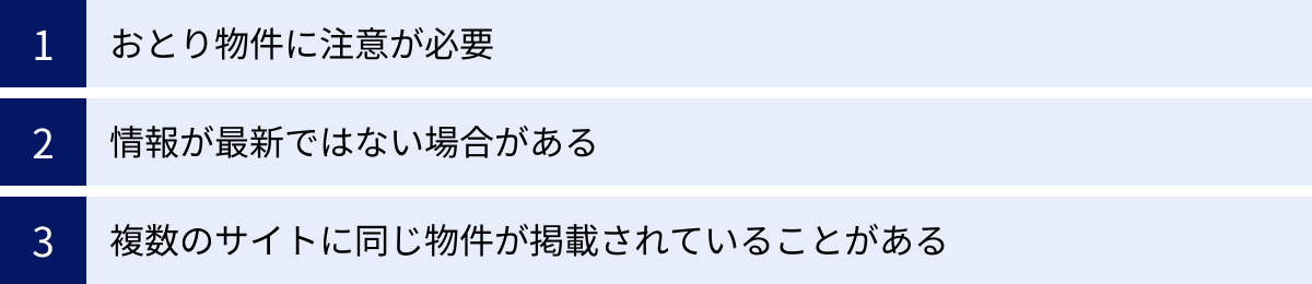 おとり物件に注意が必要、情報が最新ではない場合がある、複数のサイトに同じ物件が掲載されていることがある