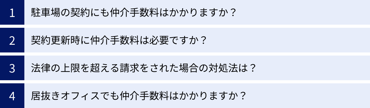 駐車場の契約にも仲介手数料はかかりますか？、契約更新時に仲介手数料は必要ですか？、法律の上限を超える請求をされた場合の対処法は？、居抜きオフィスでも仲介手数料はかかりますか？