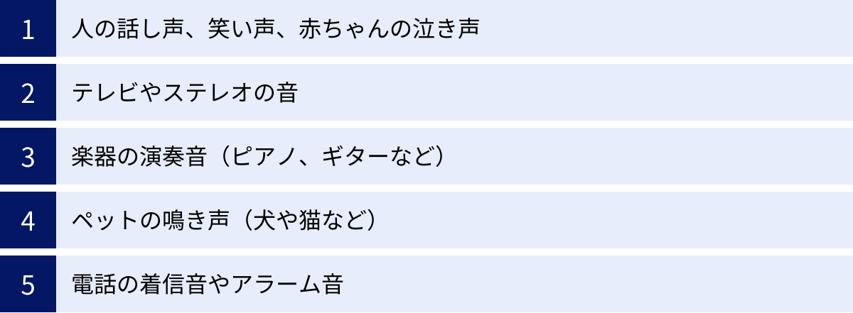 人の話し声、笑い声、赤ちゃんの泣き声、テレビやステレオの音、楽器の演奏音（ピアノ、ギターなど）、ペットの鳴き声（犬や猫など）、電話の着信音やアラーム音