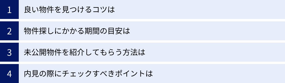 良い物件を見つけるコツは、物件探しにかかる期間の目安は、未公開物件を紹介してもらう方法は、内見の際にチェックすべきポイントは