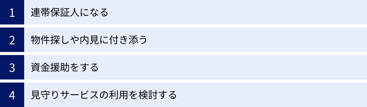 連帯保証人になる、物件探しや内見に付き添う、資金援助をする、見守りサービスの利用を検討する