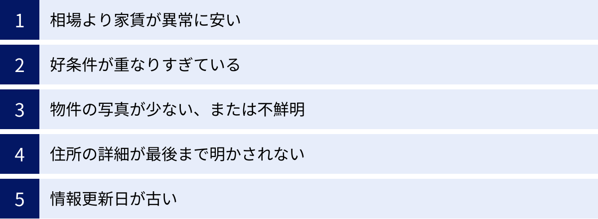 相場より家賃が異常に安い、好条件が重なりすぎている、物件の写真が少ない、または不鮮明、住所の詳細が最後まで明かされない、情報更新日が古い