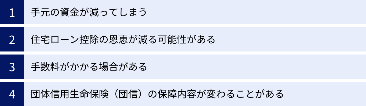 手元の資金が減ってしまう、住宅ローン控除の恩恵が減る可能性がある、手数料がかかる場合がある、団体信用生命保険（団信）の保障内容が変わることがある