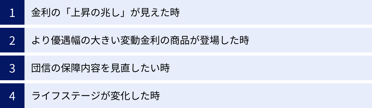金利の「上昇の兆し」が見えた時、より優遇幅の大きい変動金利の商品が登場した時、団信の保障内容を見直したい時、ライフステージが変化した時