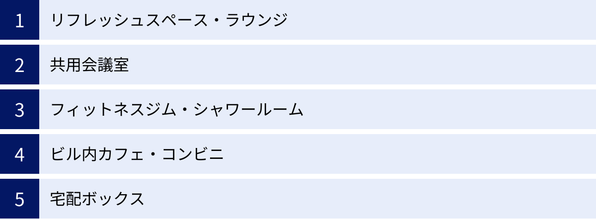 リフレッシュスペース・ラウンジ、共用会議室、フィットネスジム・シャワールーム、ビル内カフェ・コンビニ、宅配ボックス
