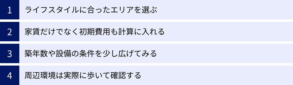 ライフスタイルに合ったエリアを選ぶ、家賃だけでなく初期費用も計算に入れる、築年数や設備の条件を少し広げてみる、周辺環境は実際に歩いて確認する
