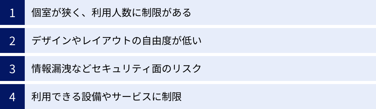 個室が狭く、利用人数に制限がある、デザインやレイアウトの自由度が低い、情報漏洩などセキュリティ面のリスク、利用できる設備やサービスに制限