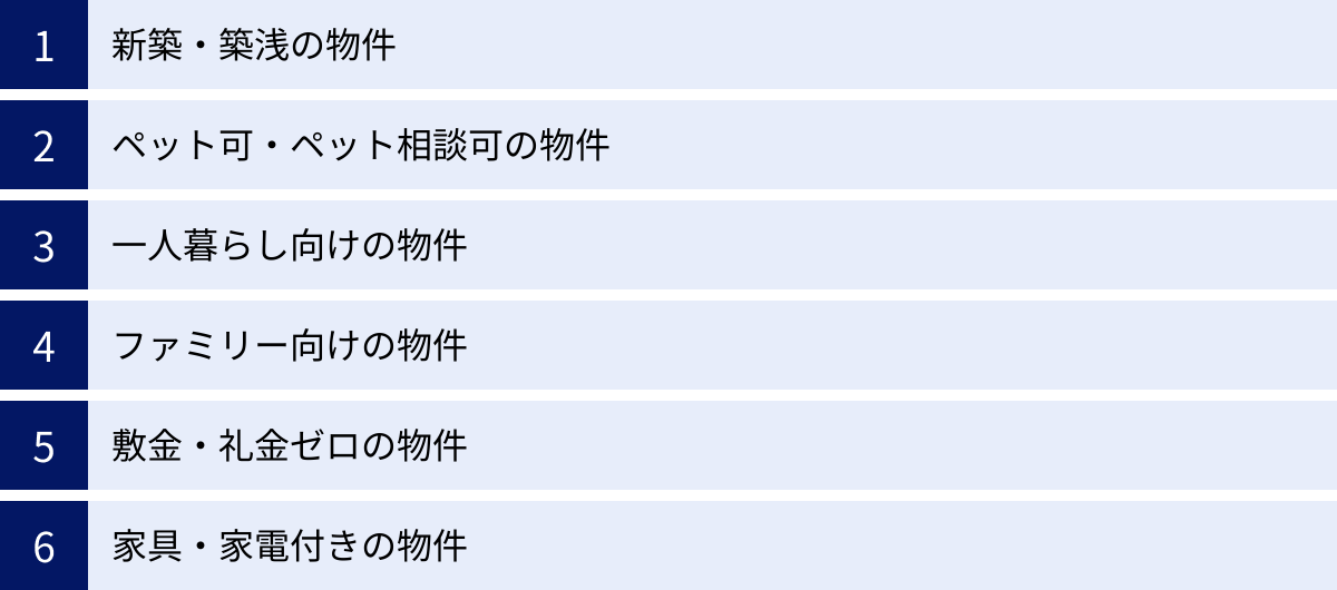 新築・築浅の物件、ペット可・ペット相談可の物件、一人暮らし向けの物件、ファミリー向けの物件、敷金・礼金ゼロの物件、家具・家電付きの物件