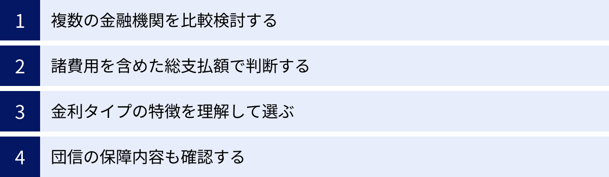 複数の金融機関を比較検討する、諸費用を含めた総支払額で判断する、金利タイプの特徴を理解して選ぶ、団信の保障内容も確認する