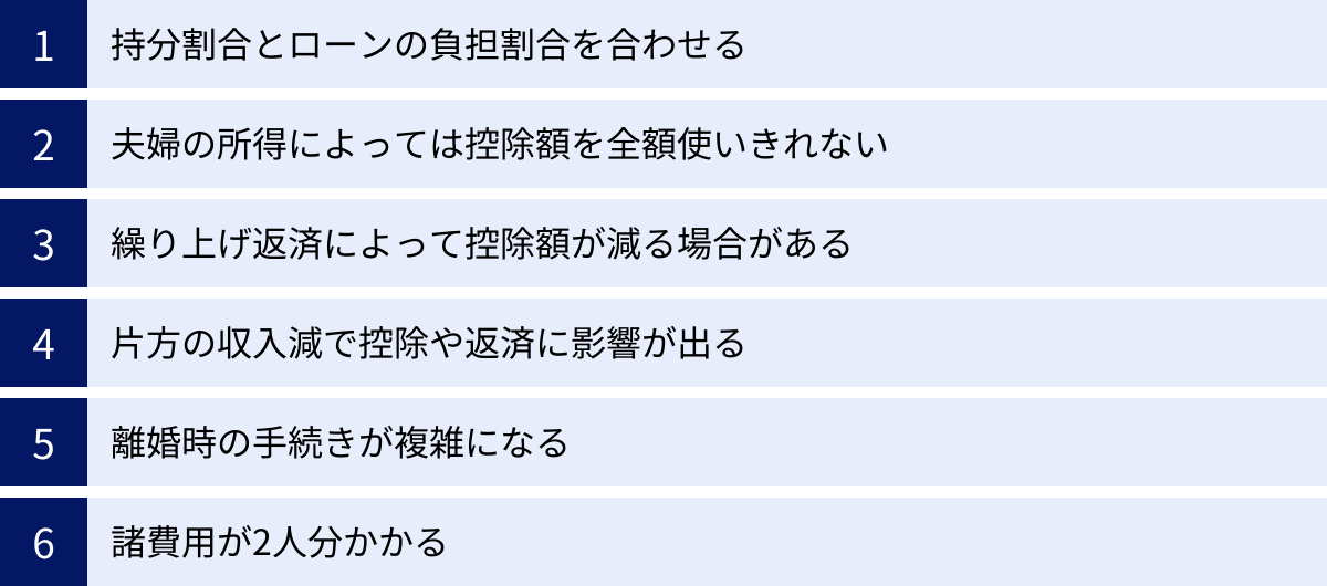 持分割合とローンの負担割合を合わせる、夫婦の所得によっては控除額を全額使いきれない、繰り上げ返済によって控除額が減る場合がある、片方の収入減で控除や返済に影響が出る、離婚時の手続きが複雑になる、諸費用が2人分かかる