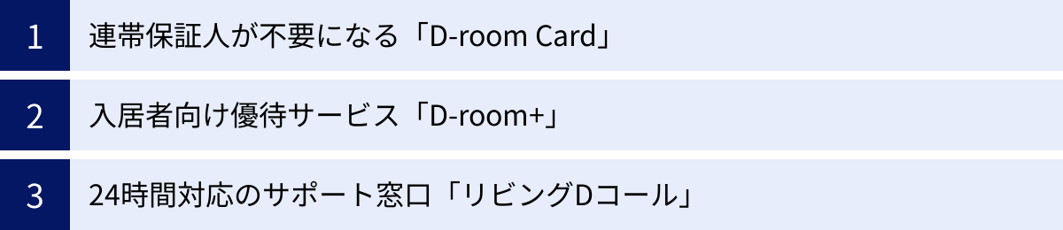 連帯保証人が不要になる「D-room Card」、入居者向け優待サービス「D-room+」、24時間対応のサポート窓口「リビングDコール」