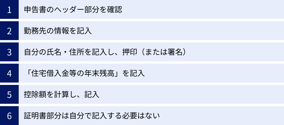 申告書のヘッダー部分を確認、勤務先の情報を記入、自分の氏名・住所を記入し、押印（または署名）、「住宅借入金等の年末残高」を記入、控除額を計算し、記入、証明書部分は自分で記入する必要はない