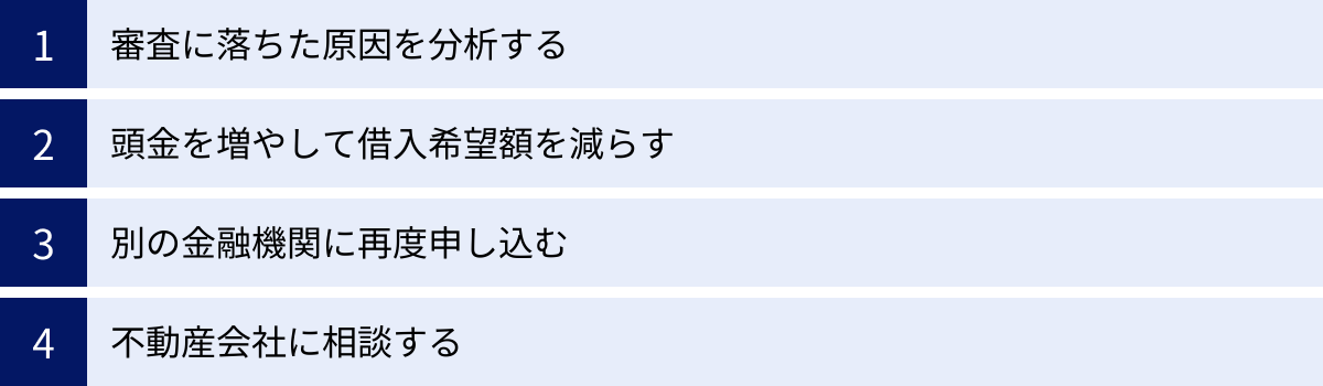 審査に落ちた原因を分析する、頭金を増やして借入希望額を減らす、別の金融機関に再度申し込む、不動産会社に相談する