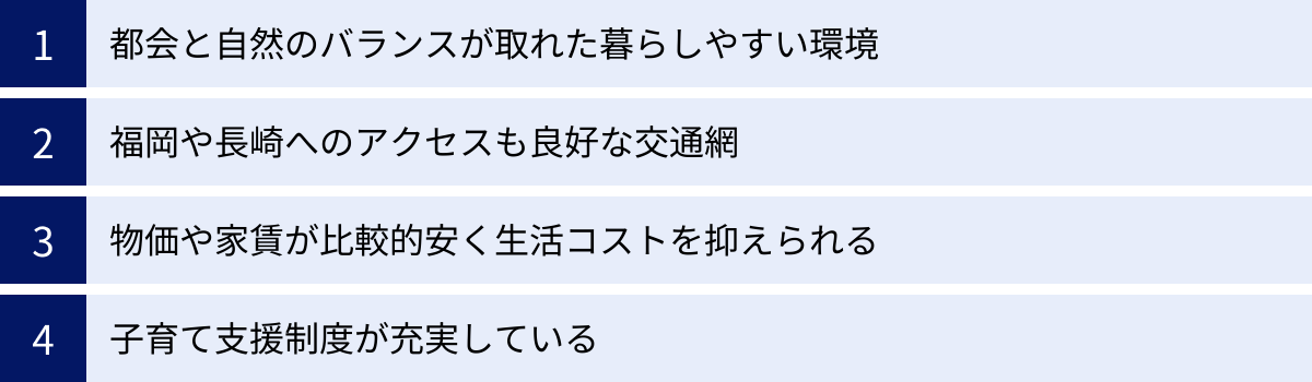 都会と自然のバランスが取れた暮らしやすい環境、福岡や長崎へのアクセスも良好な交通網、物価や家賃が比較的安く生活コストを抑えられる、子育て支援制度が充実している