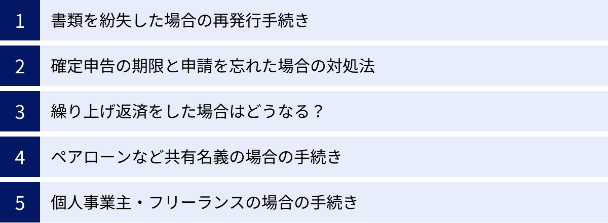 書類を紛失した場合の再発行手続き、確定申告の期限と申請を忘れた場合の対処法、繰り上げ返済をした場合はどうなる？、ペアローンなど共有名義の場合の手続き、個人事業主・フリーランスの場合の手続き