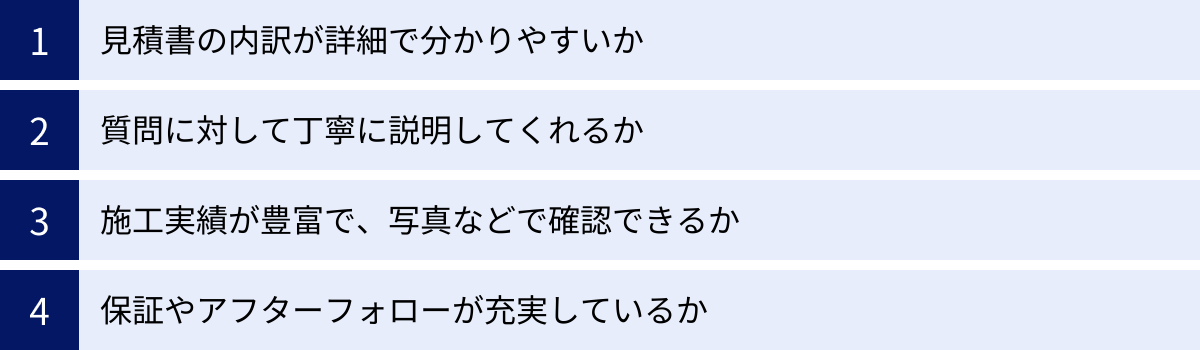 見積書の内訳が詳細で分かりやすいか、質問に対して丁寧に説明してくれるか、施工実績が豊富で、写真などで確認できるか、保証やアフターフォローが充実しているか