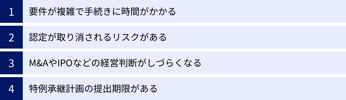 要件が複雑で手続きに時間がかかる、認定が取り消されるリスクがある、M&AやIPOなどの経営判断がしづらくなる、特例承継計画の提出期限がある