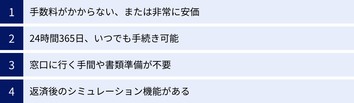 手数料がかからない、または非常に安価、24時間365日、いつでも手続き可能、窓口に行く手間や書類準備が不要、返済後のシミュレーション機能がある