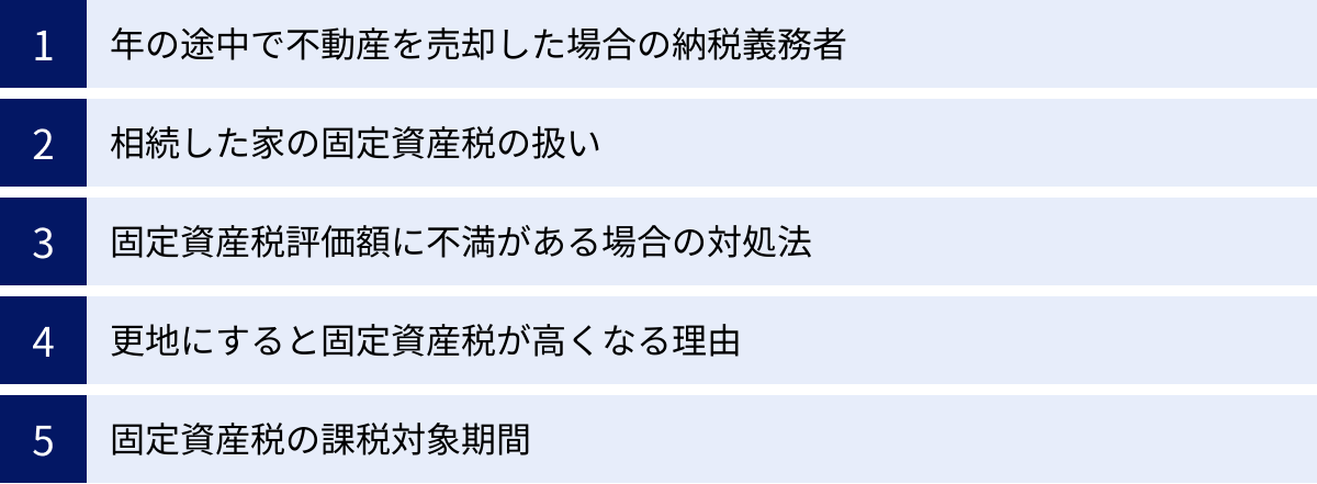 年の途中で不動産を売却した場合の納税義務者、相続した家の固定資産税の扱い、固定資産税評価額に不満がある場合の対処法、更地にすると固定資産税が高くなる理由、固定資産税の課税対象期間