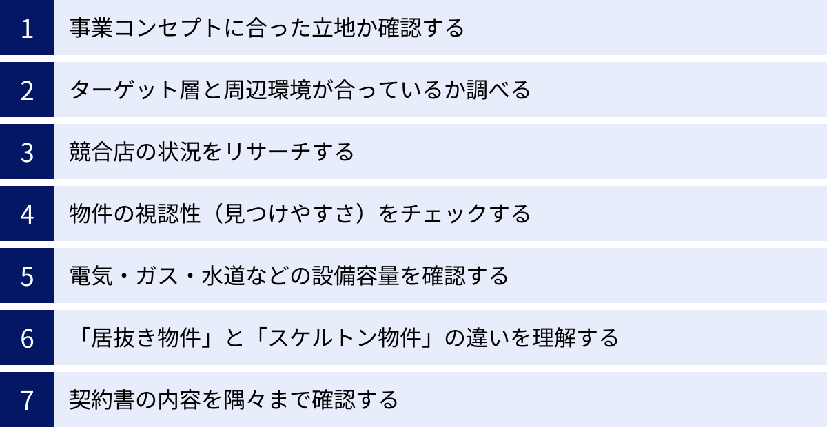 事業コンセプトに合った立地か確認する、ターゲット層と周辺環境が合っているか調べる、競合店の状況をリサーチする、物件の視認性（見つけやすさ）をチェックする、電気・ガス・水道などの設備容量を確認する、「居抜き物件」と「スケルトン物件」の違いを理解する、契約書の内容を隅々まで確認する