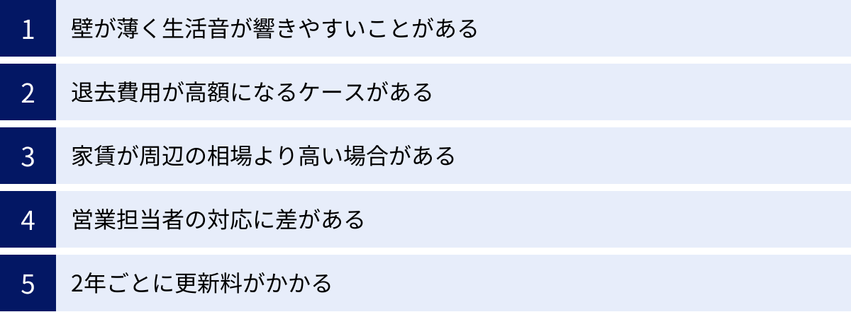 壁が薄く生活音が響きやすいことがある、退去費用が高額になるケースがある、家賃が周辺の相場より高い場合がある、営業担当者の対応に差がある、2年ごとに更新料がかかる