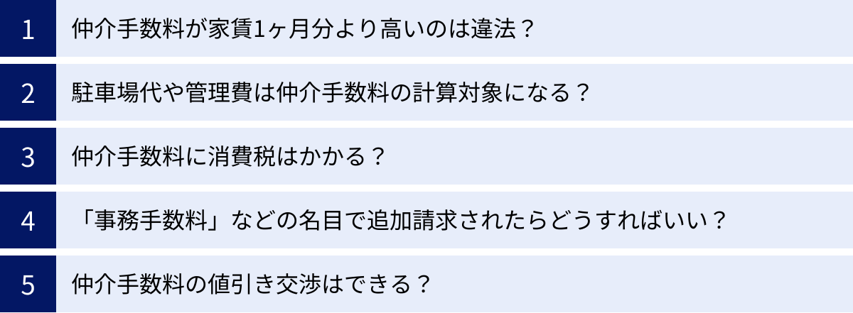 仲介手数料が家賃1ヶ月分より高いのは違法？、駐車場代や管理費は仲介手数料の計算対象になる？、仲介手数料に消費税はかかる？、「事務手数料」などの名目で追加請求されたらどうすればいい？、仲介手数料の値引き交渉はできる？