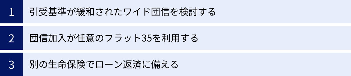 引受基準が緩和されたワイド団信を検討する、団信加入が任意のフラット35を利用する、別の生命保険でローン返済に備える
