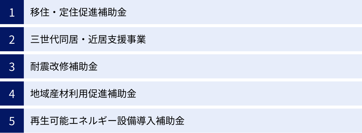 移住・定住促進補助金、三世代同居・近居支援事業、耐震改修補助金、地域産材利用促進補助金、再生可能エネルギー設備導入補助金
