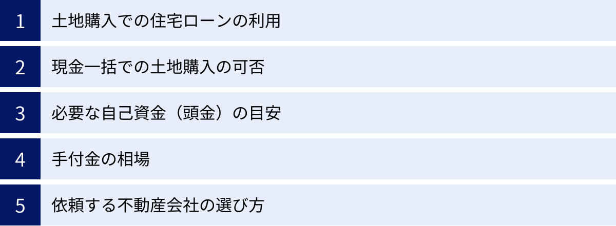 土地購入での住宅ローンの利用、現金一括での土地購入の可否、必要な自己資金（頭金）の目安、手付金の相場、依頼する不動産会社の選び方