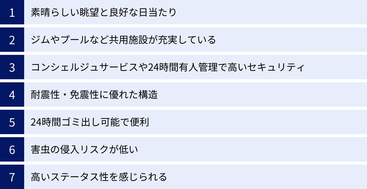 素晴らしい眺望と良好な日当たり、ジムやプールなど共用施設が充実している、コンシェルジュサービスや24時間有人管理で高いセキュリティ、耐震性・免震性に優れた構造、24時間ゴミ出し可能で便利、害虫の侵入リスクが低い、高いステータス性を感じられる