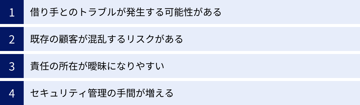 借り手とのトラブルが発生する可能性がある、既存の顧客が混乱するリスクがある、責任の所在が曖昧になりやすい、セキュリティ管理の手間が増える