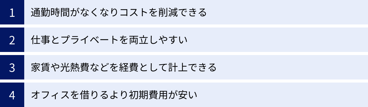 通勤時間がなくなりコストを削減できる、仕事とプライベートを両立しやすい、家賃や光熱費などを経費として計上できる、オフィスを借りるより初期費用が安い