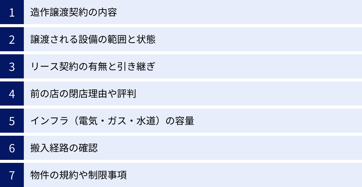 造作譲渡契約の内容、譲渡される設備の範囲と状態、リース契約の有無と引き継ぎ、前の店の閉店理由や評判、インフラ（電気・ガス・水道）の容量、搬入経路の確認、物件の規約や制限事項