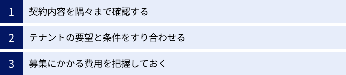 契約内容を隅々まで確認する、テナントの要望と条件をすり合わせる、募集にかかる費用を把握しておく