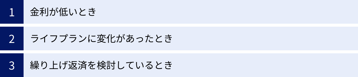 金利が低いとき、ライフプランに変化があったとき、繰り上げ返済を検討しているとき