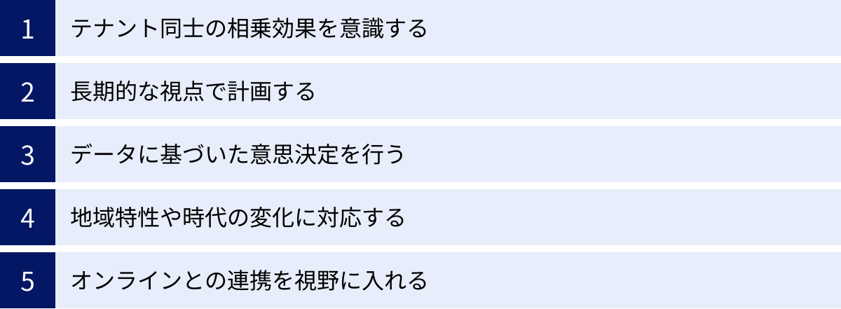 テナント同士の相乗効果を意識する、長期的な視点で計画する、データに基づいた意思決定を行う、地域特性や時代の変化に対応する、オンラインとの連携を視野に入れる