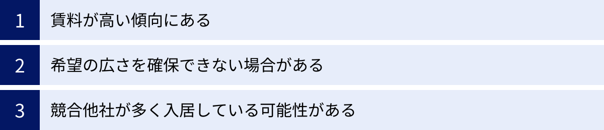 賃料が高い傾向にある、希望の広さを確保できない場合がある、競合他社が多く入居している可能性がある