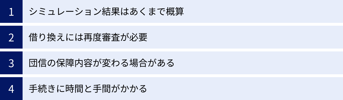 シミュレーション結果はあくまで概算、借り換えには再度審査が必要、団信の保障内容が変わる場合がある、手続きに時間と手間がかかる