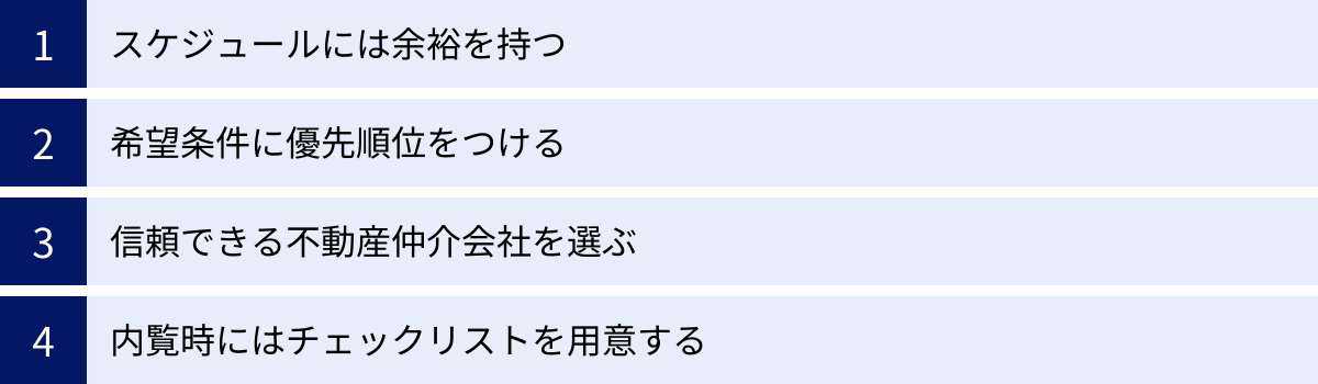 スケジュールには余裕を持つ、希望条件に優先順位をつける、信頼できる不動産仲介会社を選ぶ、内覧時にはチェックリストを用意する